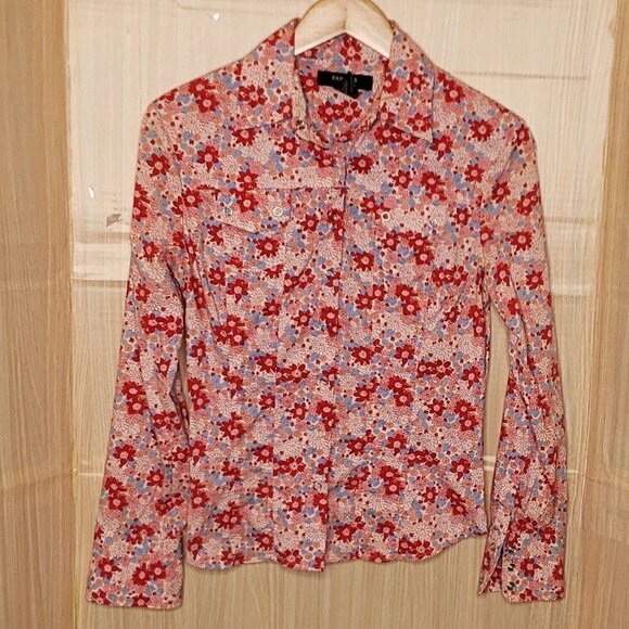 Express Womens Pink Floral Retro Long Sleeve Snap Down Shirt 5-6 - Picture 1 of 6